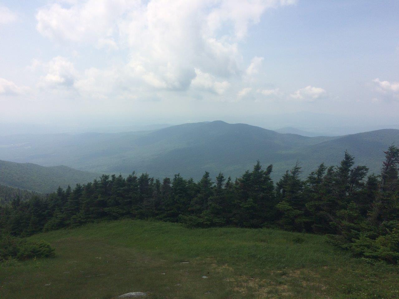 The hazy view north toward Canada from Jay Peak.